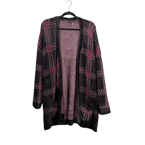 1.State Sweaters - 1 State Cardigan Womens XL Black Purple Plaid Long Sleeve Open Front Fuzzy Fur